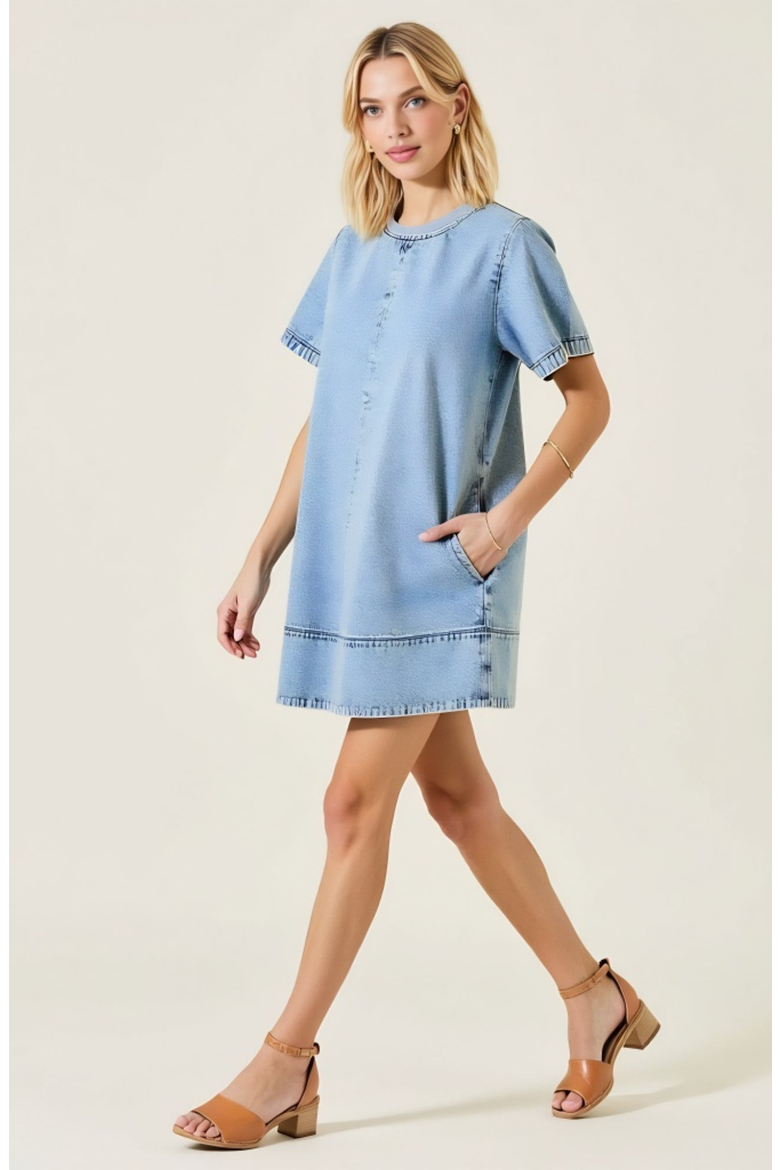 Denim Mini Dress with Pockets, Alternate, color, Light Blue