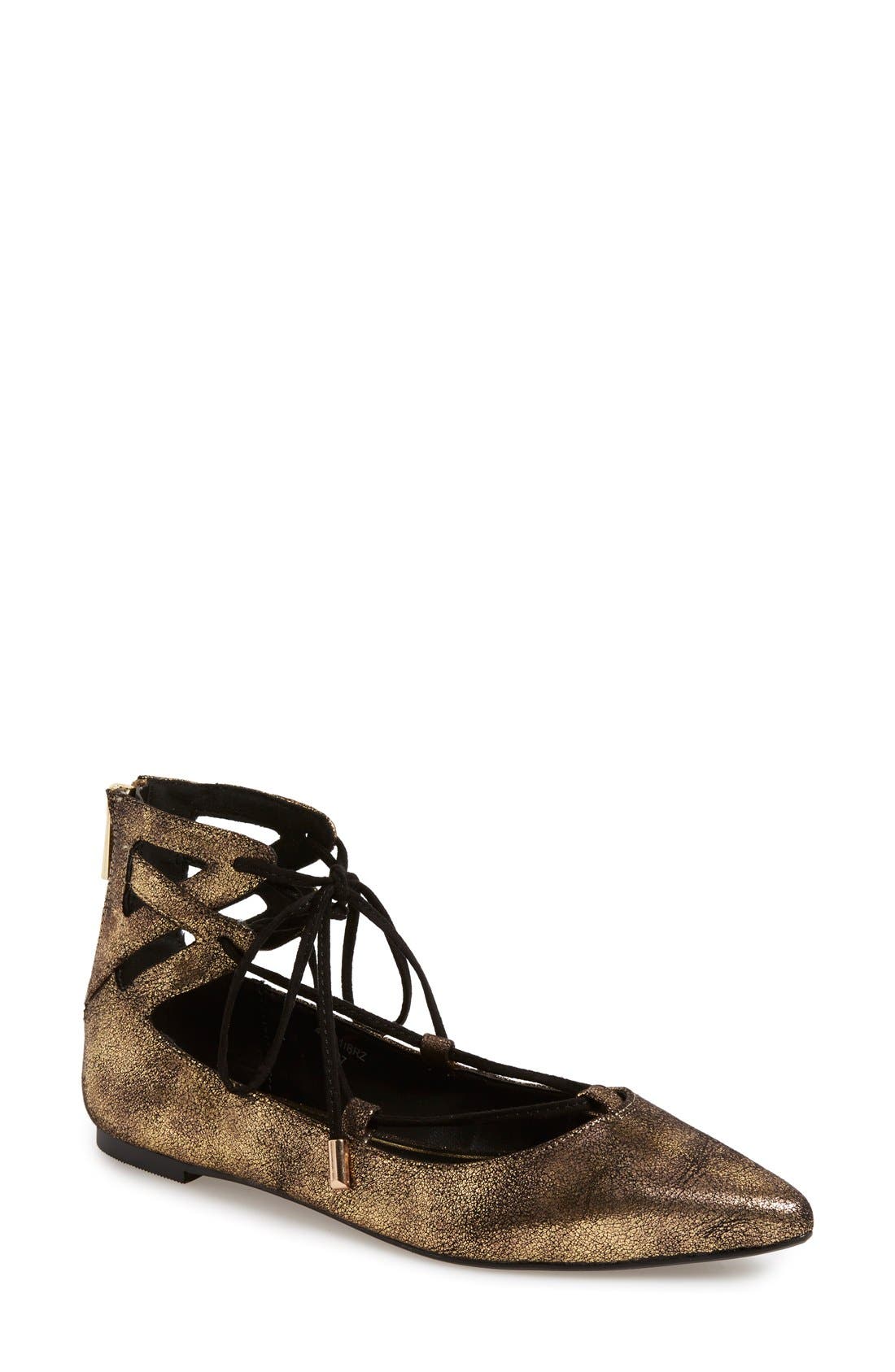 'Flight' Pointy Toe Ghillie Flat, Main, color, BRONZE