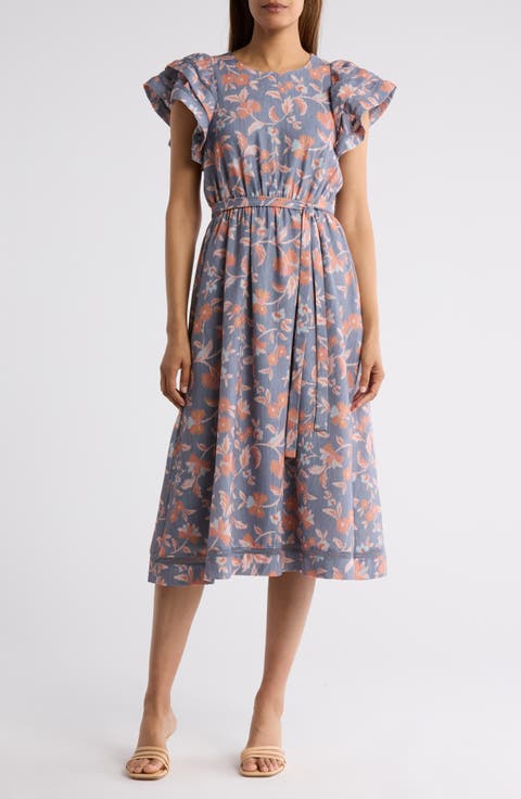 Double Ruffle Flutter Sleeve Fit & Flare Midi Dress