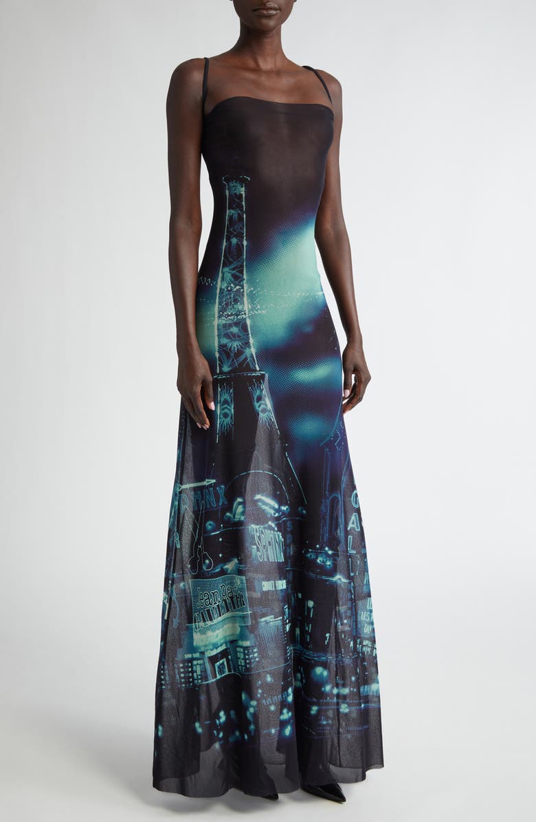 Jean Paul Gaultier City Print Asymmetric Sheer Maxi Dress, Main, color, 
