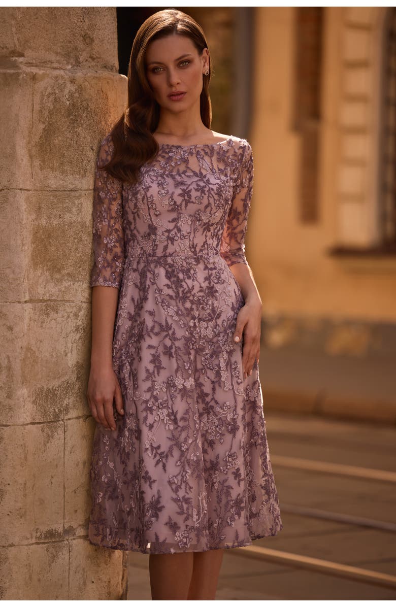 La Femme Tea Length Embroidered Dress with Sheer Sleeves, Alternate, color, Dusty Lilac
