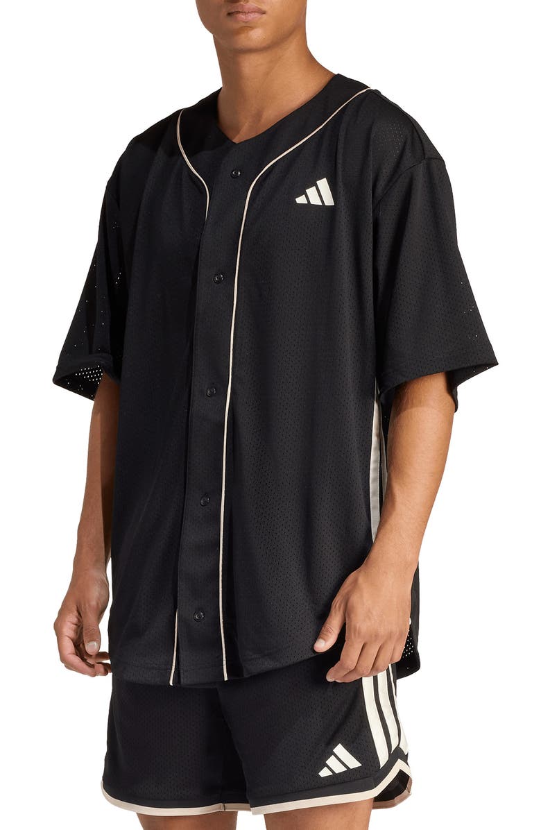 adidas Stadium Buttoned Jersey, Main, color, Black/ Linen/ Off White