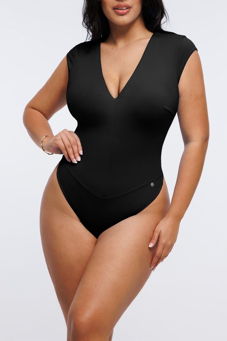 Shapewear V-Neck Cap Sleeve Tummy Control Bodysuit, Alternate, color, Jet