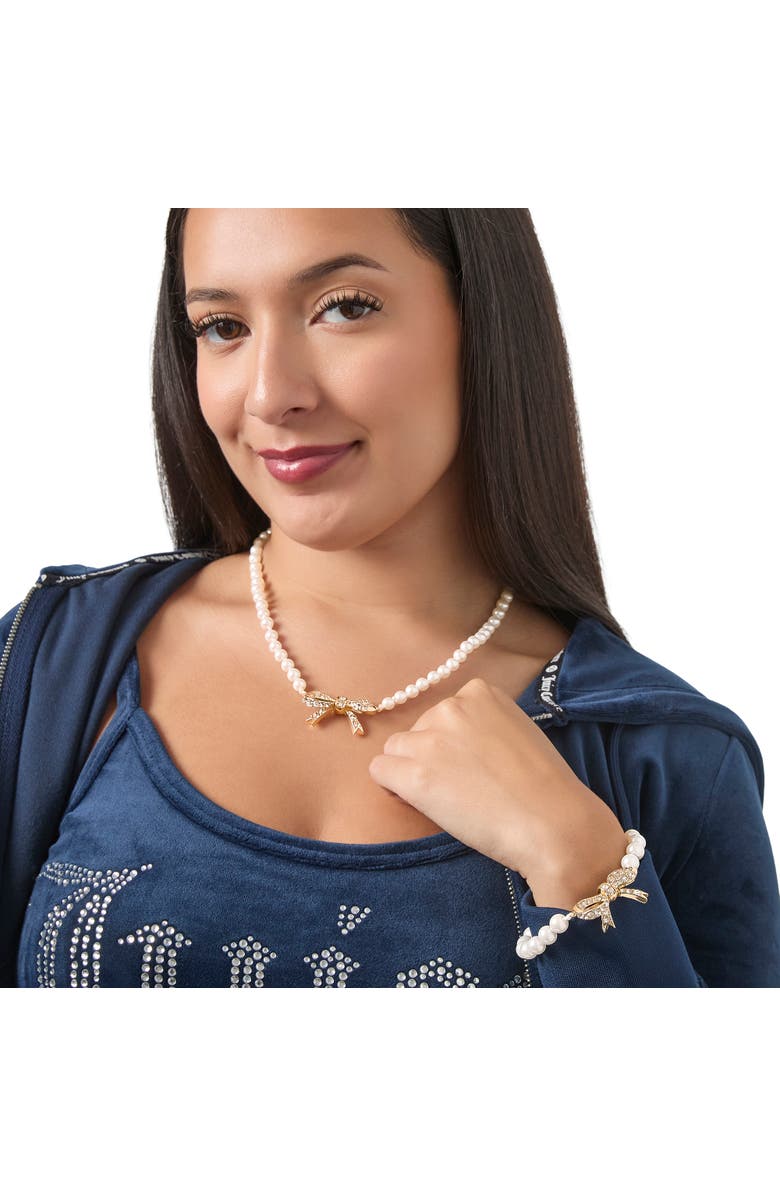 Juicy Couture Pearl Bracelet with Pave Bow, Alternate, color, Gold Tone