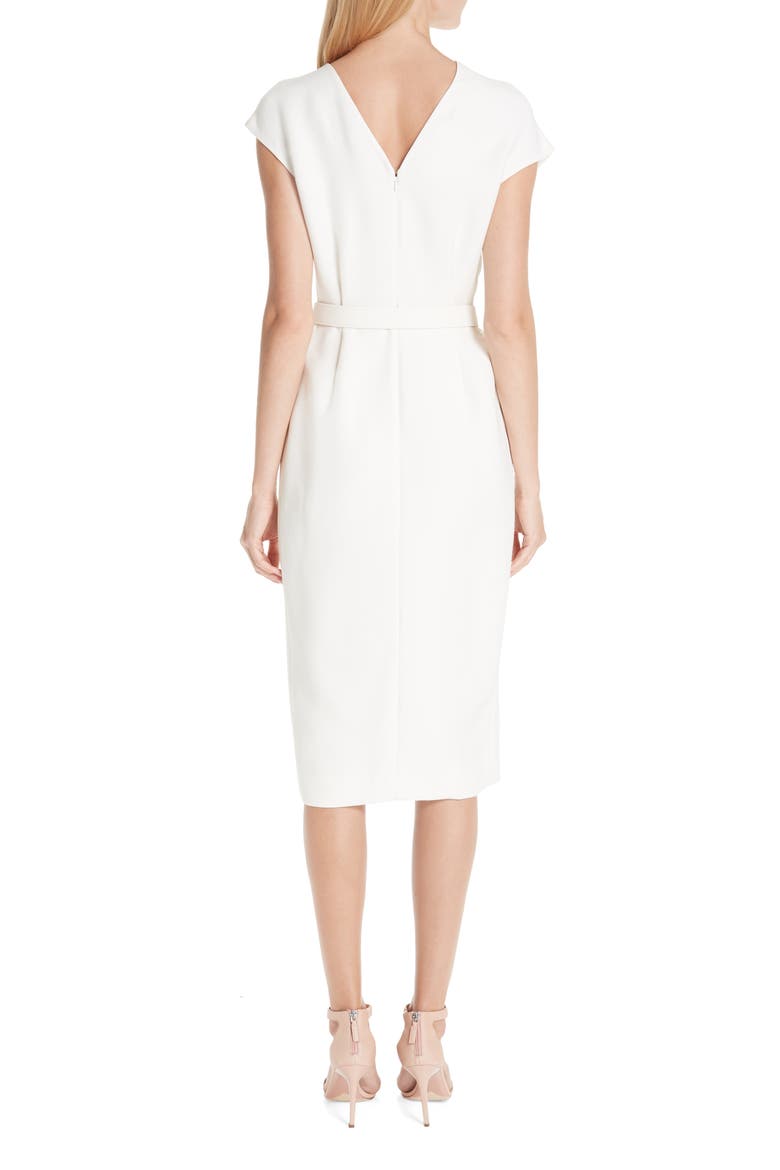Flower Brooch Belted Wool & Silk Midi Dress, Alternate, color, IVB-IVORY