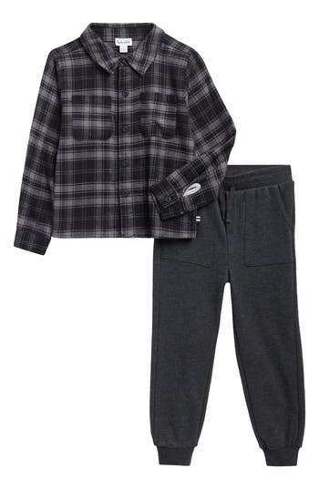 Splendid Kids' Flannel Button-up Shirt & Joggers Set In Gray