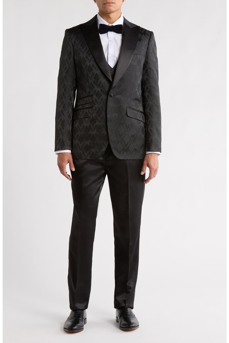 Stacy Adams Solid Peak Lapel 3-Piece Tuxedo, Main, color, BLACK