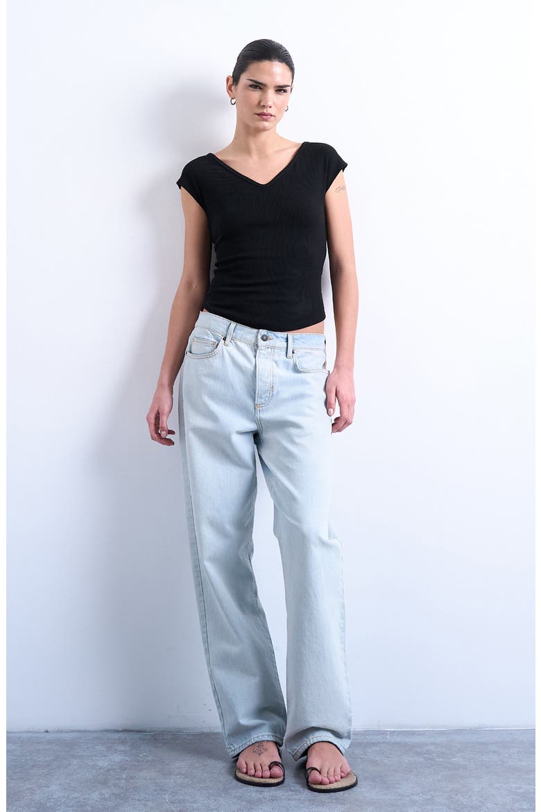 V-Neck Cap Sleeve Crop Stretch Cotton Rib Top, Alternate, color, BLACK
