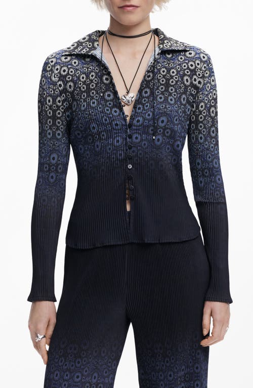 Desigual Ombré Cell Print Rib Button-up Shirt In Navy Blue