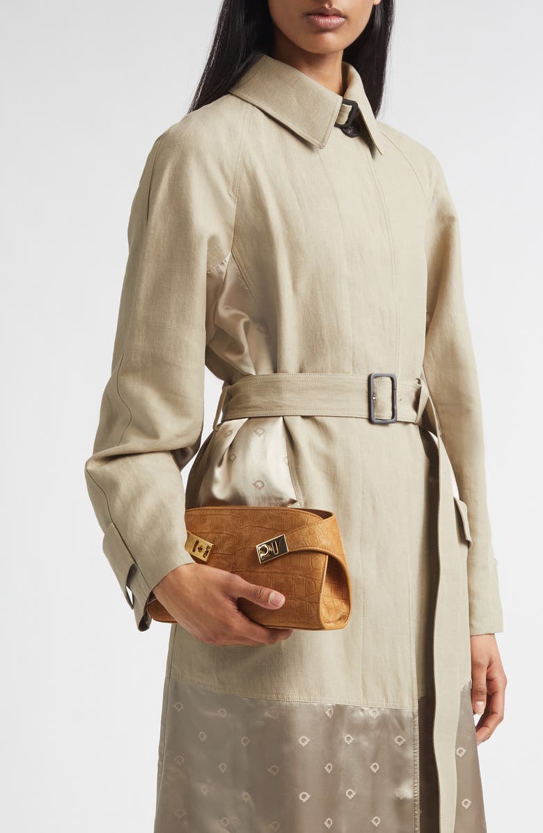 FERRAGAMO Hug Croc Embossed Suede East/West Shoulder Bag, Alternate, color, Naturale