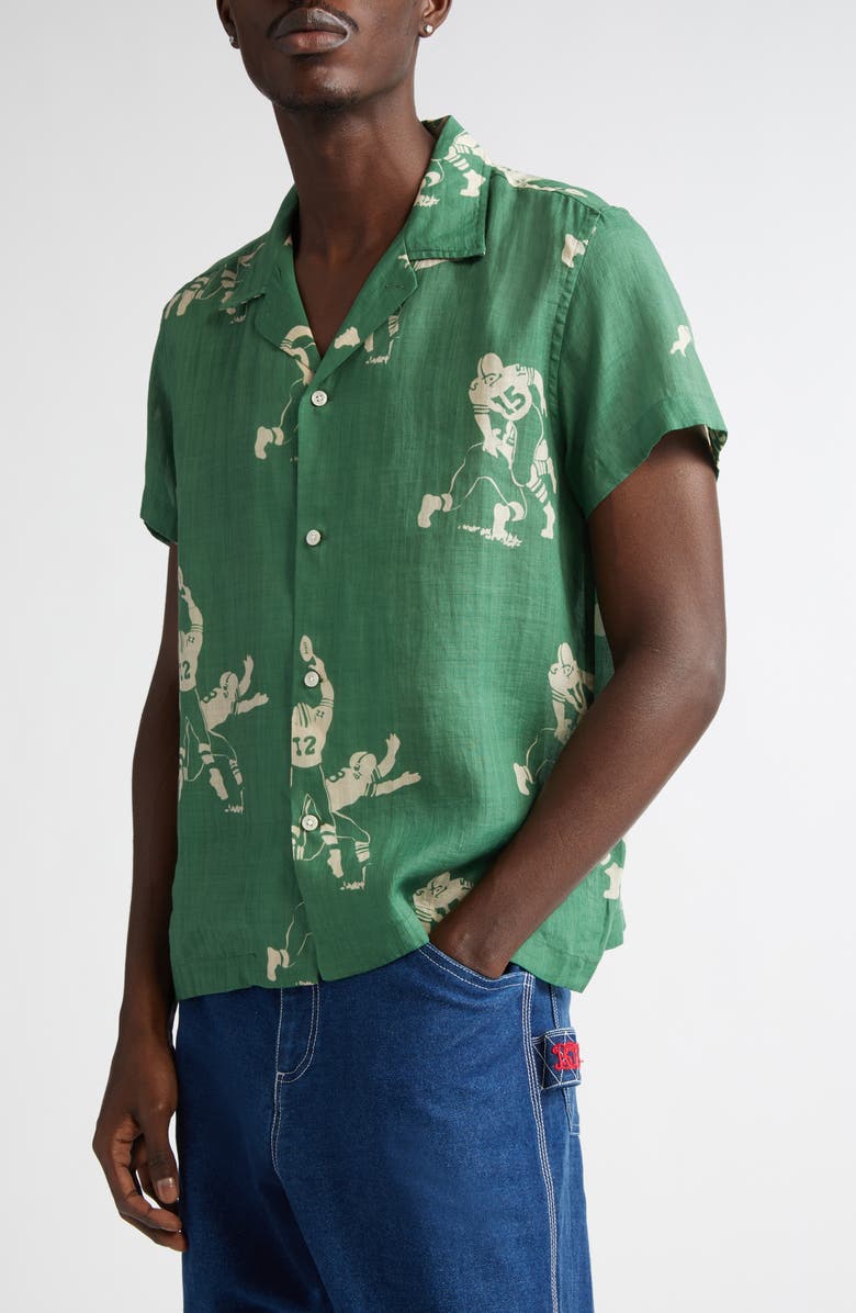 Bode Football Jacquard Linen Button-Up Shirt, Alternate, color, Green Cream