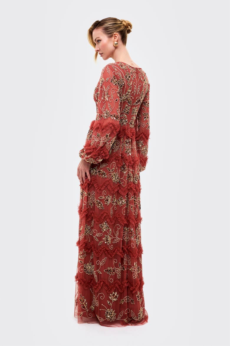 Embellished Sequins Maxi Ruffle Dress, Alternate, color, RUST