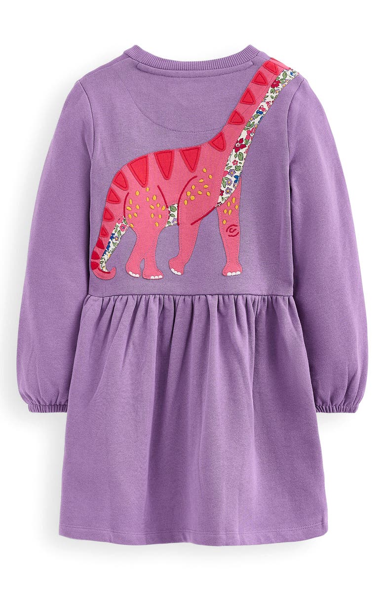 Mini Boden Kids' Dinosaur Appliqué Long Sleeve Cotton Sweatshirt Dress, Alternate, color, Aster Purple Dinosaurs