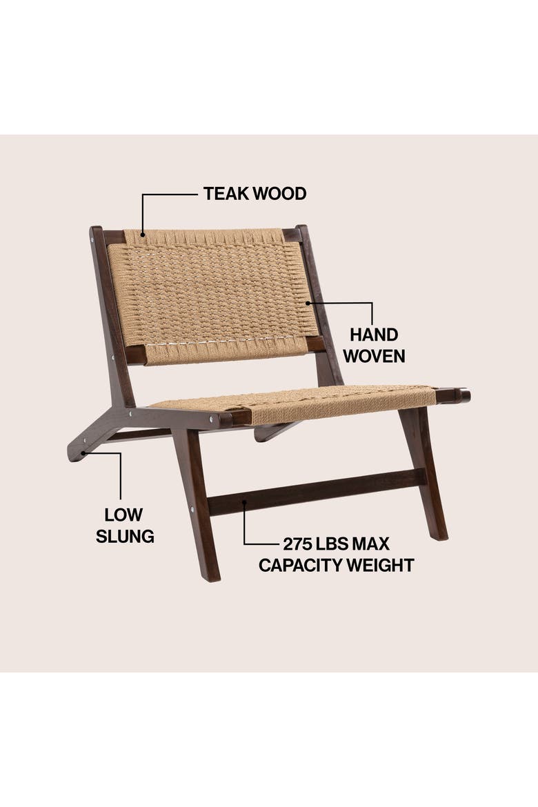 Parker Bohemian Armless Woven Yarn and Solid Indonesian Wood Accent Lounge Chair for Living Room Bedroom, Alternate, color, Dark Brown