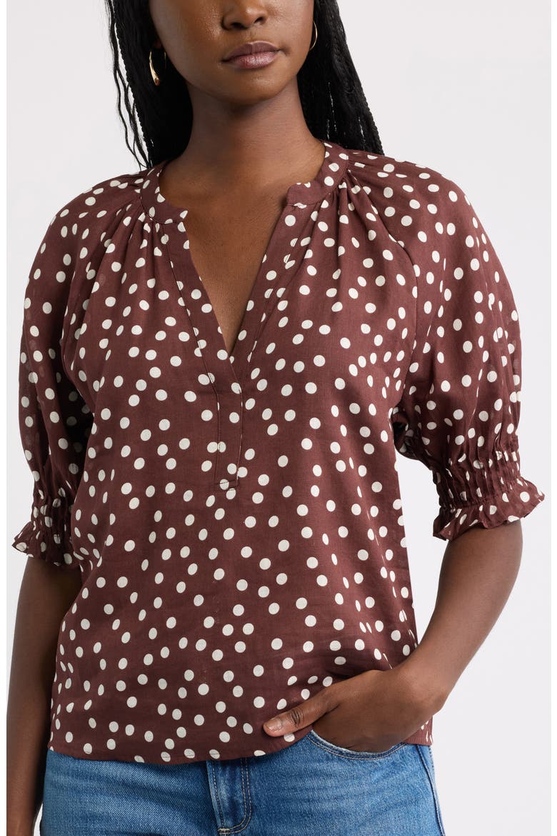 Pintucked Short Sleeve Popover Top, Alternate, color, BROWN- IVORY SCATTERED DOT