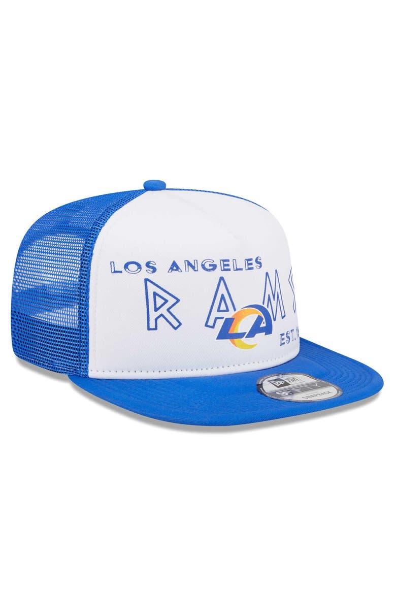 Men's New Era White/Royal Los Angeles Rams Banger 9FIFTY Trucker Snapback Hat, Alternate, color, White