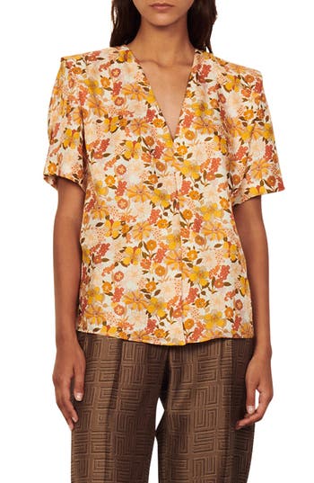 Sandro Womens Naturels Flower Printed Silk Top 8 In Sand