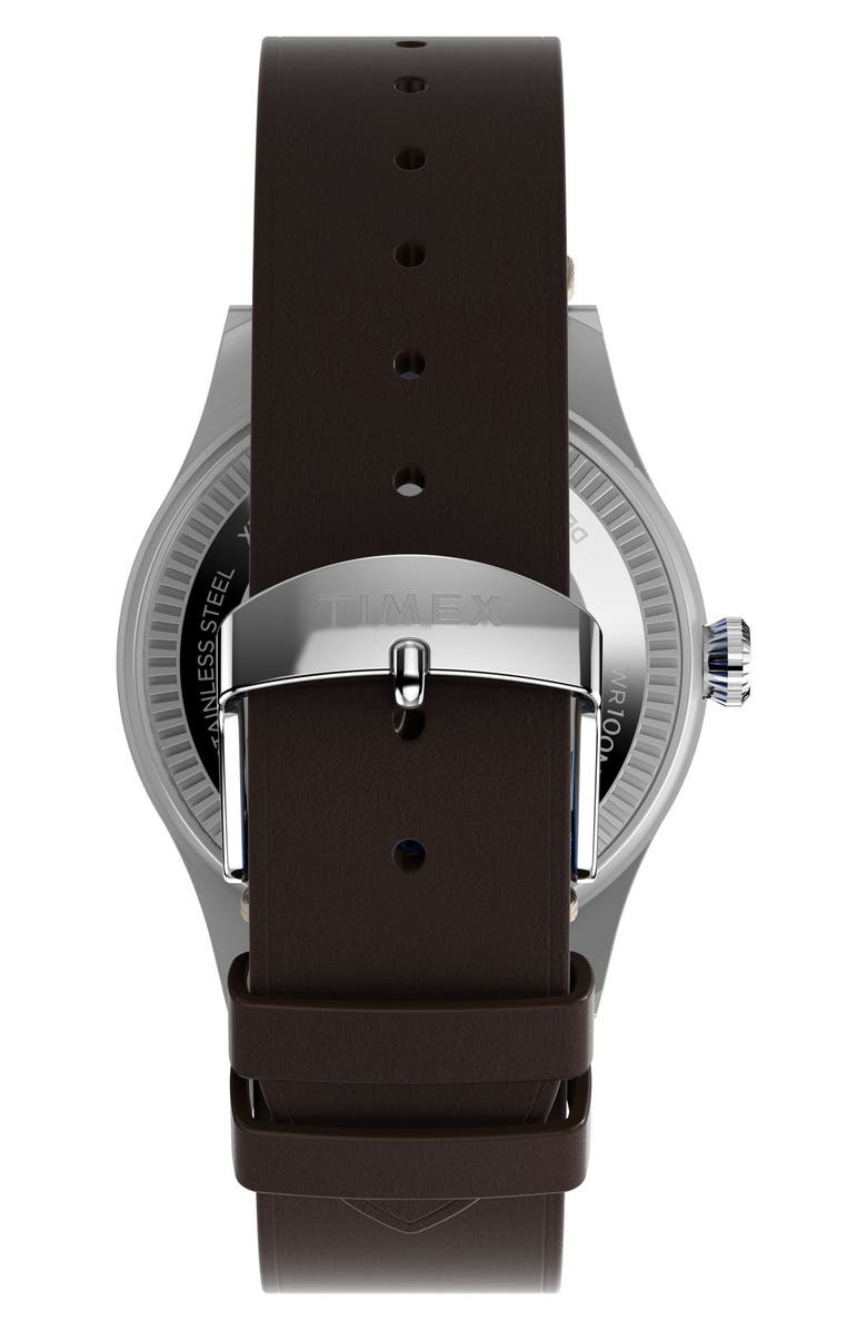 Timex<sup>®</sup> x Pan Am<sup>®</sup> Waterbury GMT Leather Strap Watch, 39mm, Alternate, color, Blue