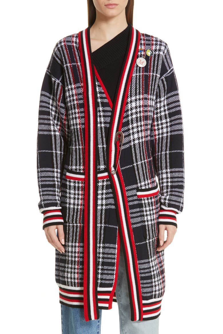 Tie Neck Longline Plaid Wool Cardigan, Main, color, BLACK PLAID