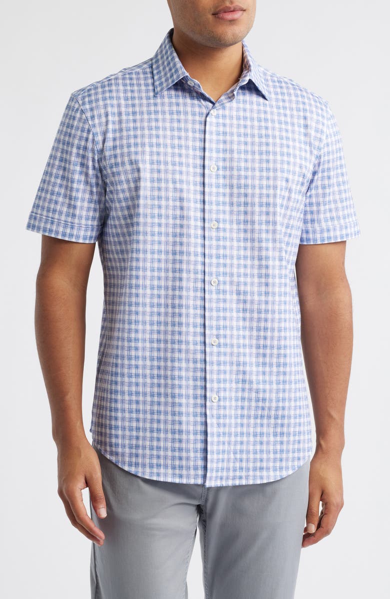 Bugatchi Miles OoohCotton<sup>®</sup> Abstract Print Short Sleeve Button-Up Shirt, Main, color, Lilac