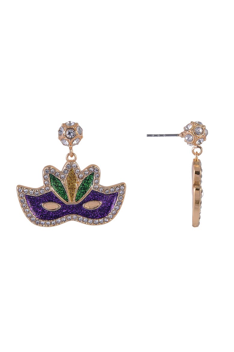 Mardi Gras Mask Stone Earrings, Alternate, color, Purple