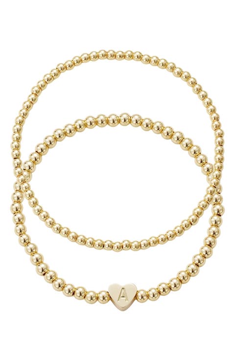 Initial Heart Charm Beaded Chain Bracelet Set