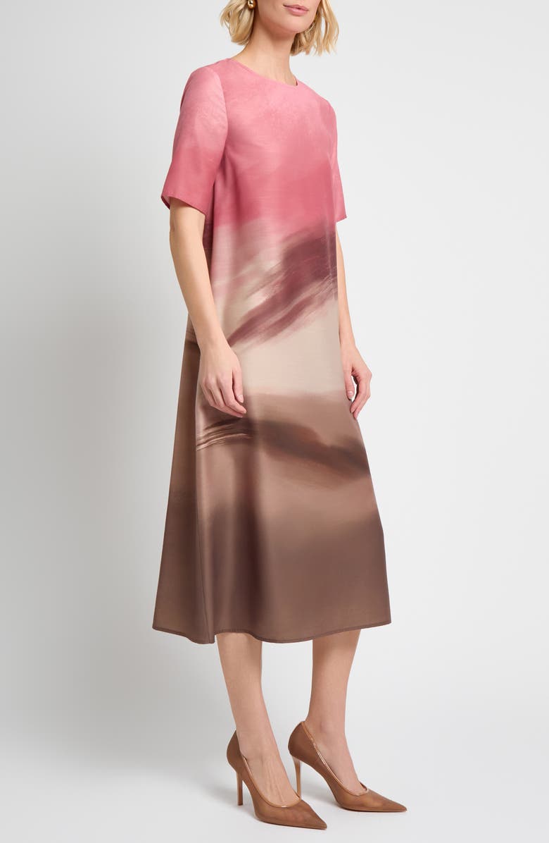 Misook Shantung Landscape Midi Dress, Alternate, color, Honey Suckle/ Charmeuse/ Multi