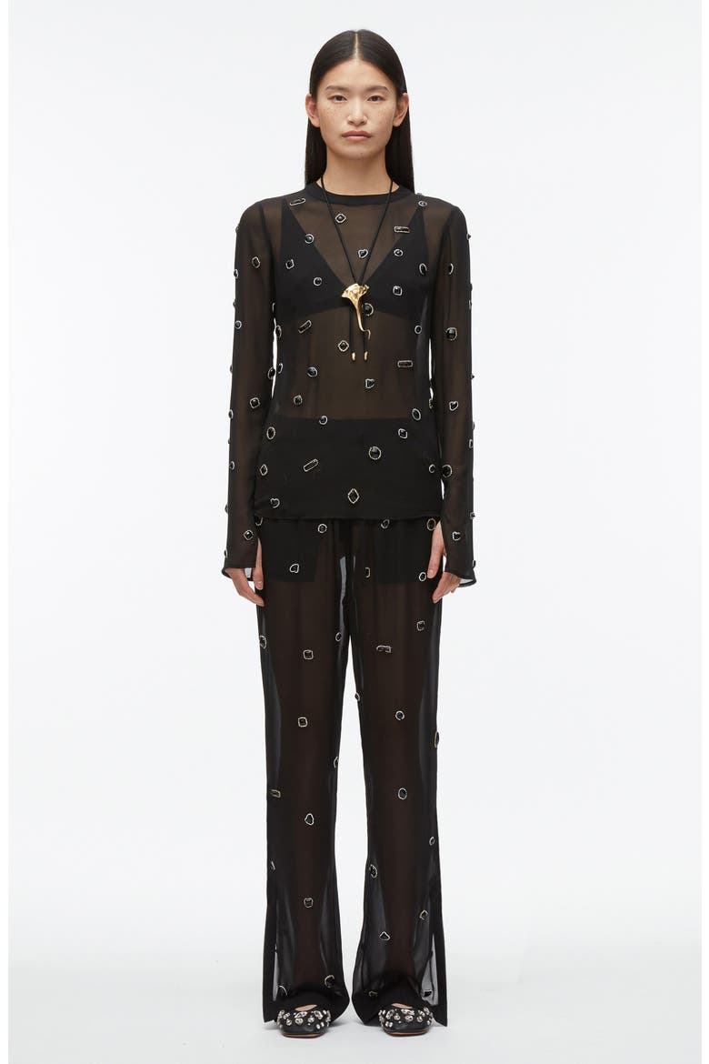 Embellished Silk Chiffon Long Sleeve Top, Alternate, color, BLACK