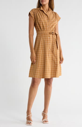 Calvin Klein Gingham Check Belted Shirtdress In Orange