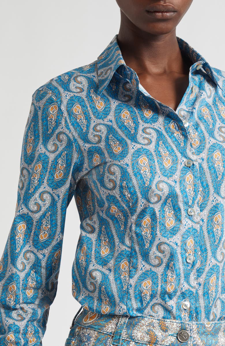 Etro Slim Fit Paisley Stretch Poplin Button-Up Shirt, Alternate, color, Print On White Base