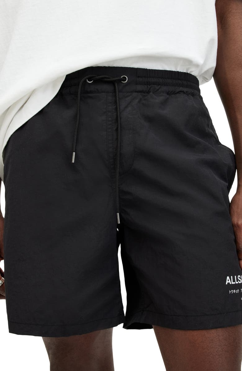 AllSaints Underground Logo Print Swim Trunks, Alternate, color, Jet Black