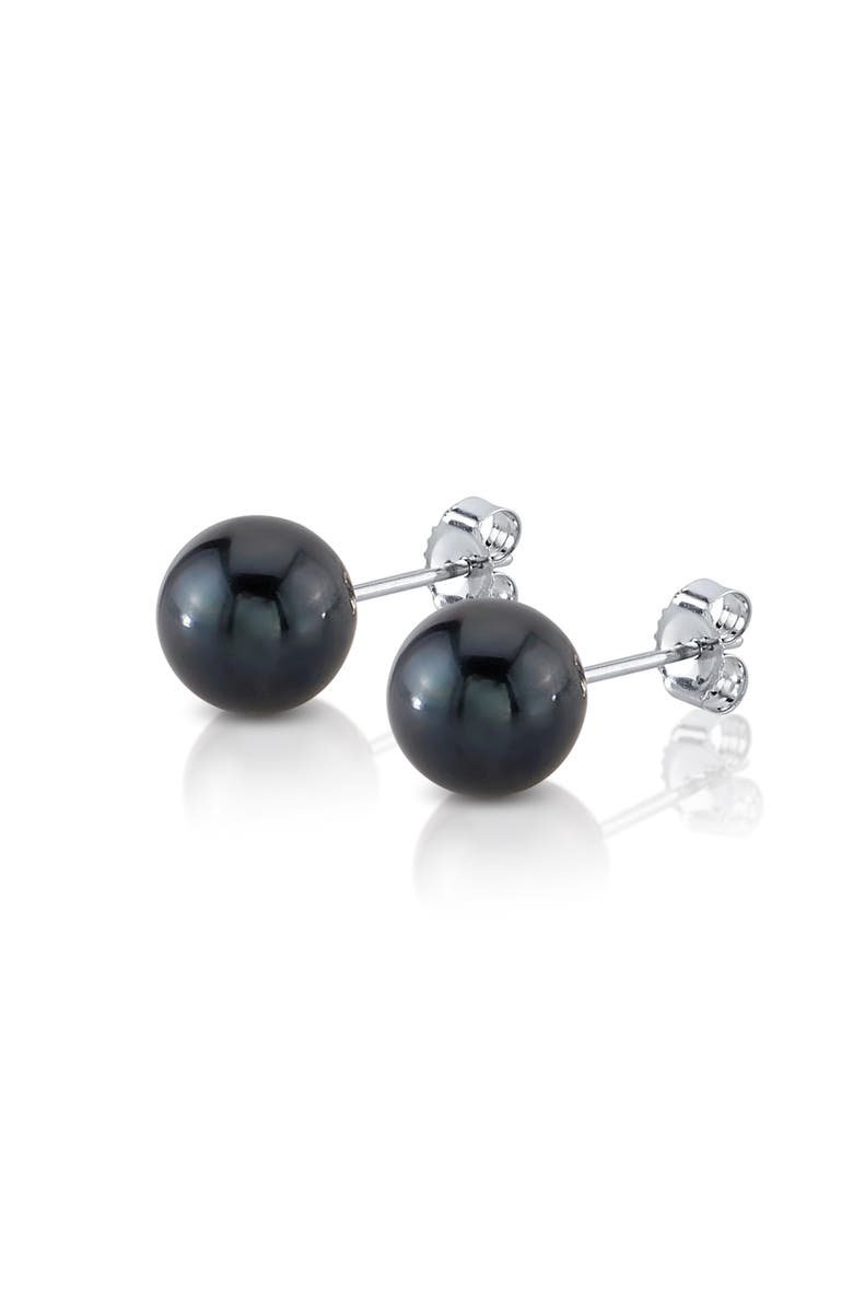 The Pearl Source Akoya Round Pearl Stud Earrings 7-7.5mm, Main, color, Black Pearl - Yellow Gold