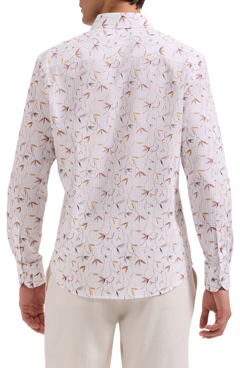 Bugatchi Julian Shaped Fit Leaf Print Cotton Seersucker Button-Up Shirt, Alternate, color, White