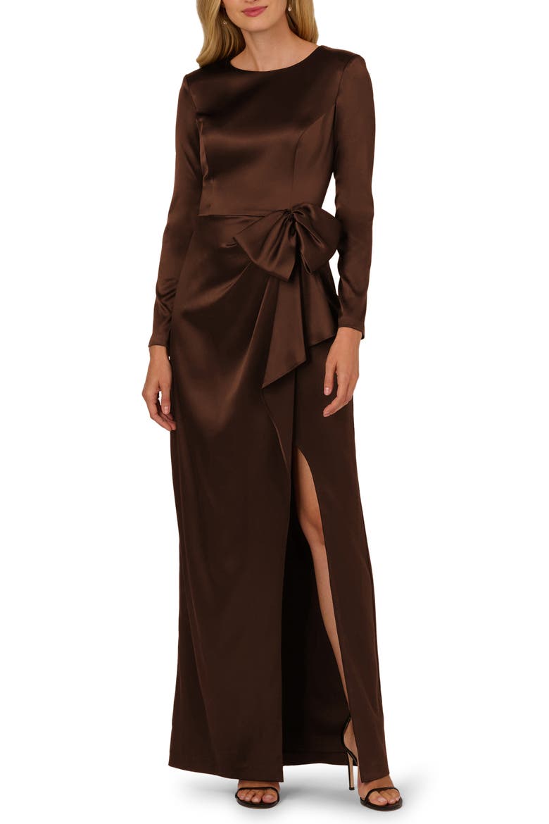 Side Bow Long Sleeve Stretch Satin Gown, Main, color, CHOCOLATE