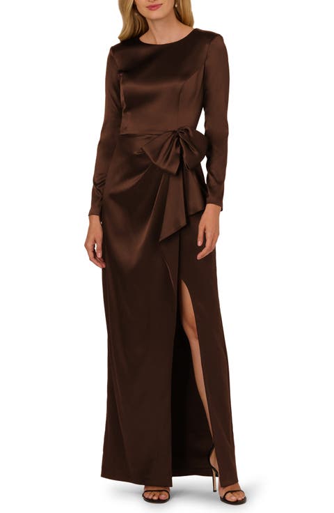 Side Bow Long Sleeve Stretch Satin Gown