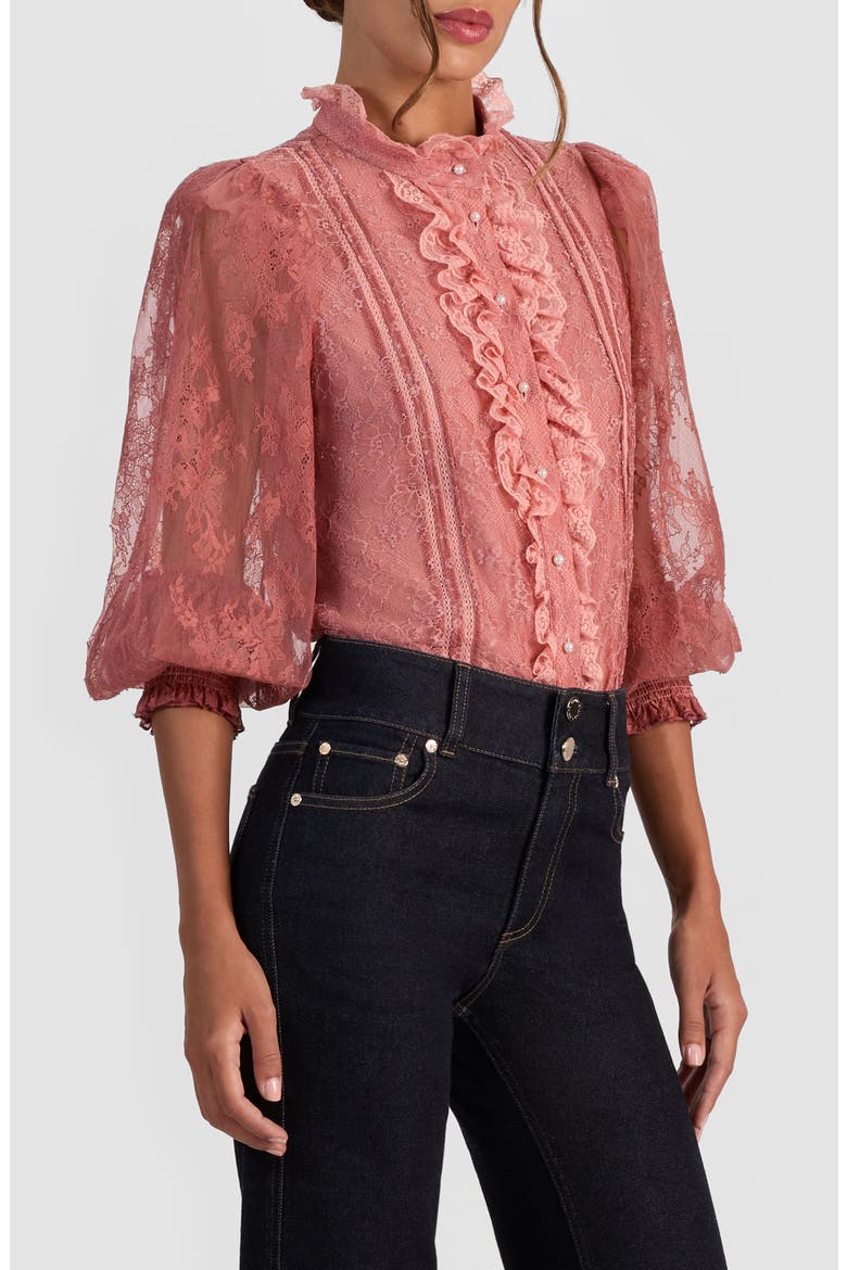 Eugenia Lace High Neck Button-Up Shirt, Alternate, color, BOHEMIAN ROSE