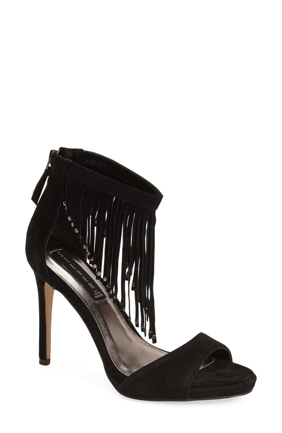 Steven by Steve Madden 'Rahrah' Fringe Ankle Strap Sandal, Main, color, BLACK SUEDE