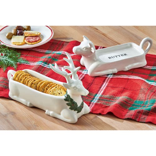 Tag Farmhouse Christmas Cow Shaped White Stoneware Butter Dish In White