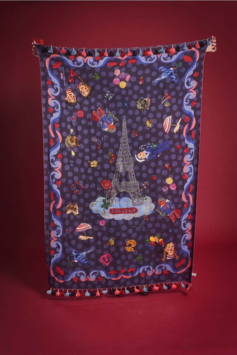 Embroidered Scarf with Maison Common Nathalie Lt motifs, Alternate, color, Navy/Multicolour