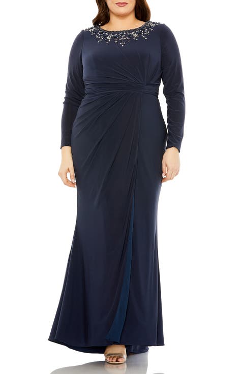Long Sleeve Embellished Neckline Jersey Gown