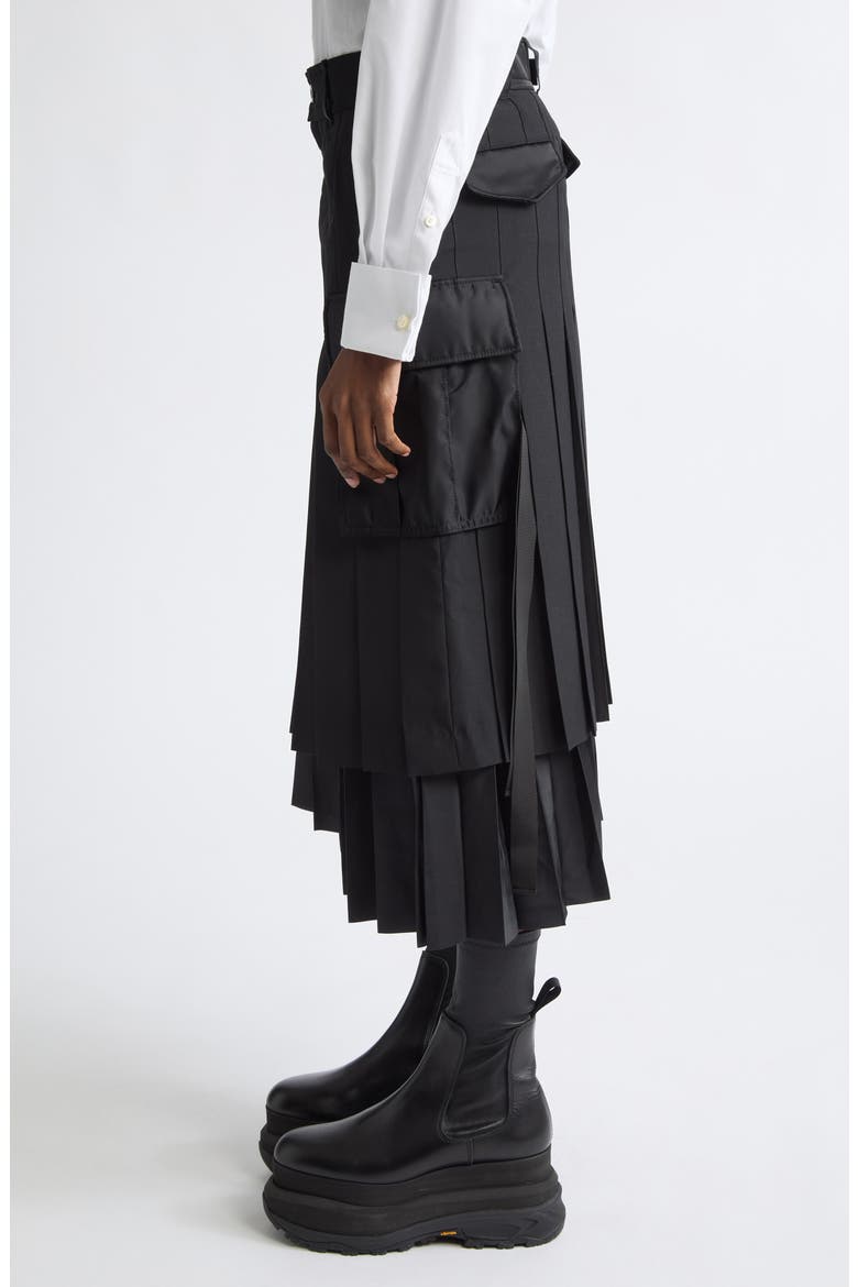 Pleated Mixed Media Midi Skirt, Alternate, color, BLACK