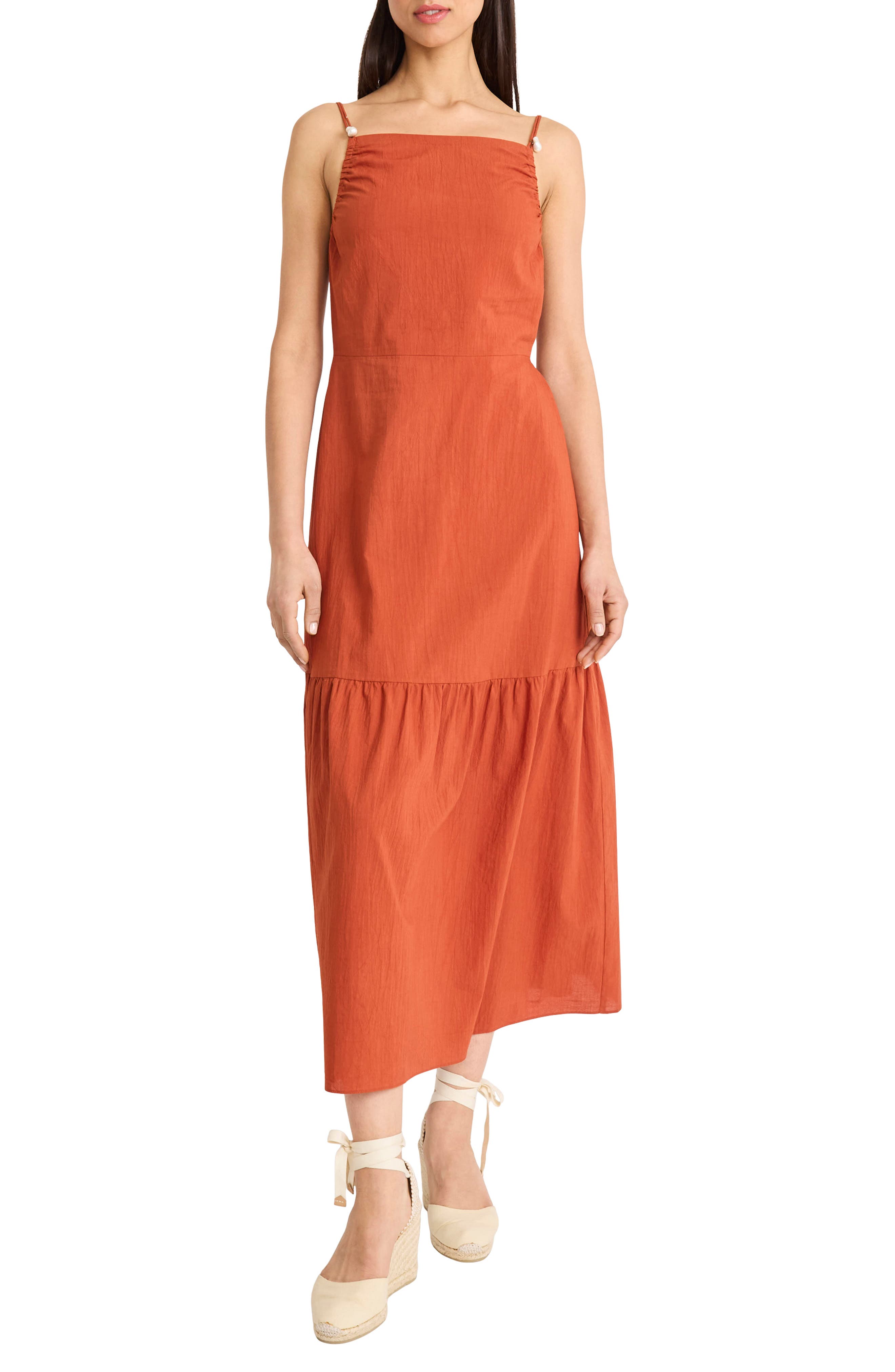The Good Journey Ruched Open Back Drop Waist Cotton Midi Sundress