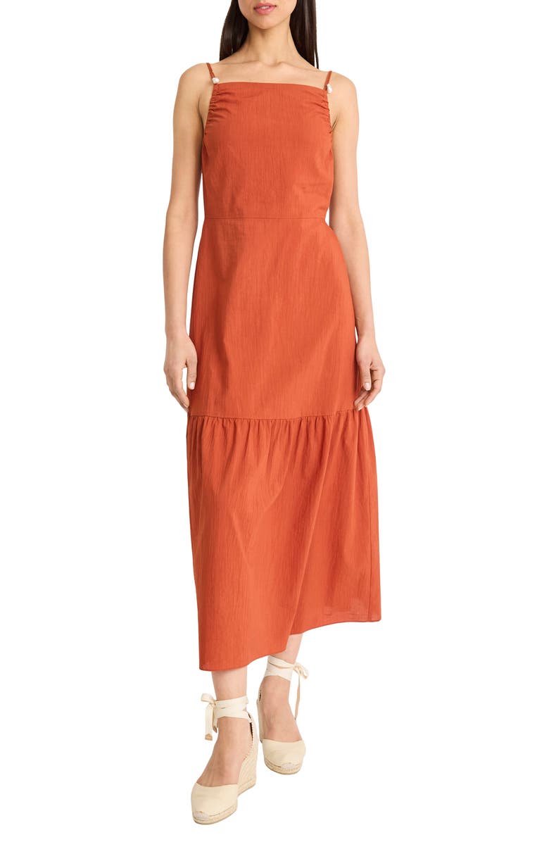 The Good Journey Ruched Open Back Drop Waist Cotton Midi Sundress, Main, color, Arabian Spice