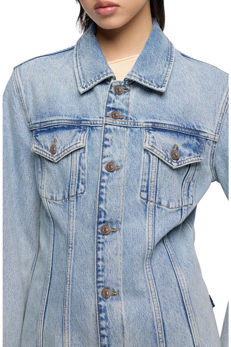Cinched Release Fray Hem Denim Trucker Jacket, Alternate, color, BLUE EROSION