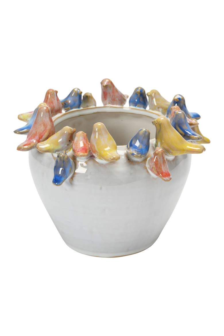 Decorative Stoneware Planter with Birds on Rim and Reactive Glaze, Multicolor, Main, color, Cream