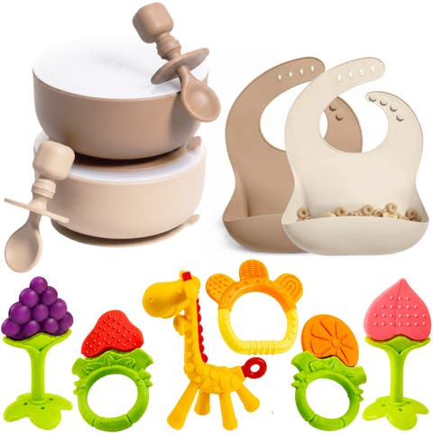 Silicone Suction Bowl Set with Lids, Adjustable Bibs, Teething Toys, BPA Free, Dishwasher & Freezer Safe