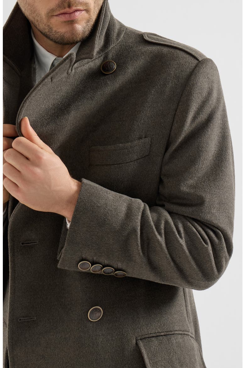 Lightweight virgin wool cloth one-and-a half breasted coat with peak lapels, Alternate, color, Mud