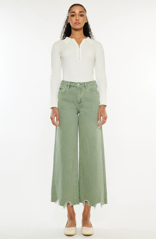 Kancan High Rise Cropped Wide Leg Jean In Olive In Green
