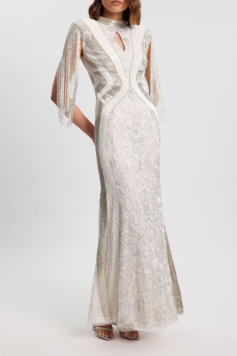 Tassel Sleeve High Neck Maxi Dress, Alternate, color, Ivory