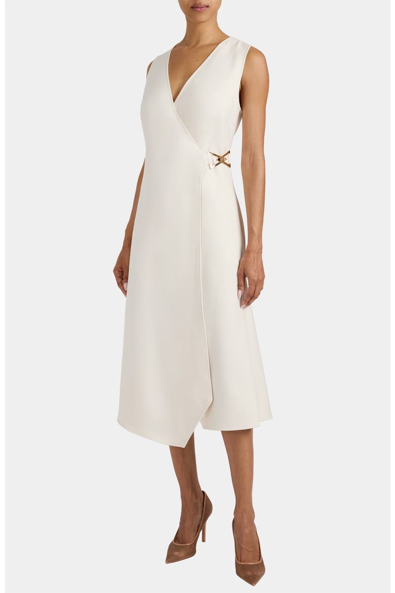 Ursa Sleeveless Faux Wrap Dress with Metal Buckle in Stretch Crepe, Alternate, color, SANDSTONE